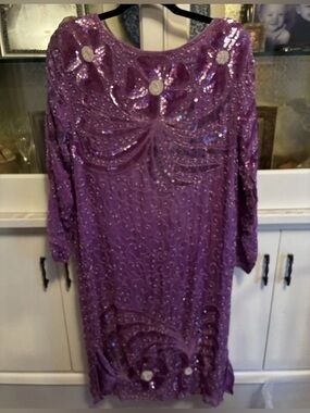 NWT Purple Lavender 80s Full-Length Silk Sequin Beaded Party Dress L